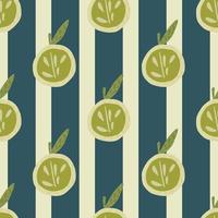 Cartoon green apples seamless pattern in hand drawn style. Striped background with navy blue and grey lines. vector