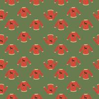 Abstract style seamless pattern with doodle red pullover print on green pale background. vector