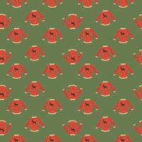 Abstract style seamless pattern with doodle red pullover print on green pale background. vector