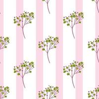 Decorative seamless pattern with hand drawn gypsophila flower elements. Pink and white striped background. vector