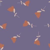 Random orange simple flowers silhouettes seamless pattern. Pastel purple background. Simple style. vector