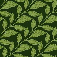 Greenery seamless pattern with green leaf branches elements. Dark background. Contrast botanic print. vector