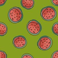 Random red watermelon slices seamless doodle pattern. Green background. Red berries clices backdrop. vector