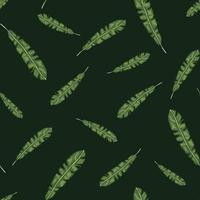 Dark colors seamless pattern with hand drawn random green tropical leaves print. Black background. vector