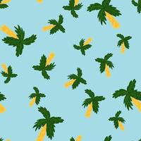 Bright random seamless pattern with yellow and green colored palm tree ornament. Blue background. vector