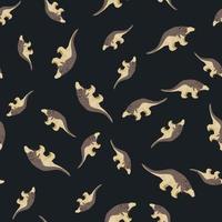 Random dark seamless pattern with brown colored dinosaur elements print. Navy blue background. vector