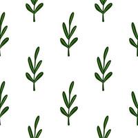 Botanic minimalistic seamless pattern with green simple leaf branches ornament. White background. vector