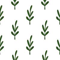 Botanic minimalistic seamless pattern with green simple leaf branches ornament. White background. vector