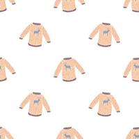 Seamless christmas isolated print with sweater simple silhouettes. Pink pullover backdrop. vector