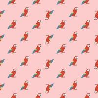 Cute childish seamless animal pattern with red parrot ara ornament. Pink background. Bird doodle artwork. vector
