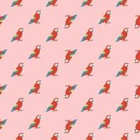 Cute childish seamless animal pattern with red parrot ara ornament. Pink background. Bird doodle artwork. vector