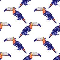 Isolated cartoon seamless pattern with bright navy blue toucan shapes. White background. vector