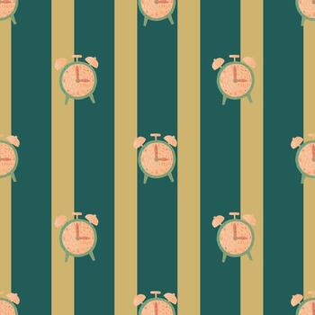 Pink tones alarm clock seamless pattern in gand drawn simple style. Retro watch print with striped background. vector