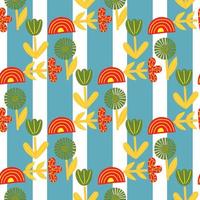 Red, yellow and green colored flowers, rainbow and lead seamless pattern. Blue striped background. vector