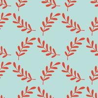 Geometric style seamless doodle pattern with red leaves branches elements. Blue pastel background. vector