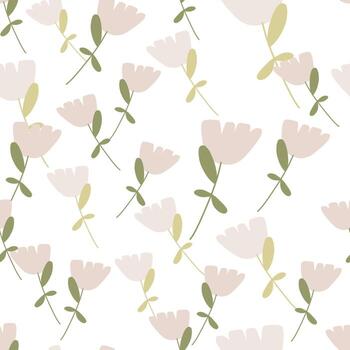 Isolated seamless pattern with random pink flowers shapes print. White background. Tender print. vector