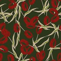 Abstract red tulip flowers shapes seamless pattern in abstract style. Random print with green background. vector