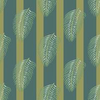 Jungle seamless pattern with fern leaf silhouettes print. Pale turquoise and green striped background. vector