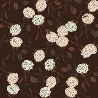 Abstract seamless pattern with doodle hydrangea flowers shapes. Dark brown background. vector