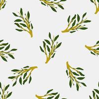 Green leaves branches doodle seamless pattern. Light background. Nature herbal backdrop. vector