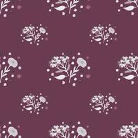 Botany seamless pattern with white vintage flowers elements. Purple pale background.