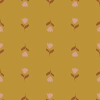 Pale tones seamless nature pattern with pink colored tulip flower print. Mustard ocher background. vector