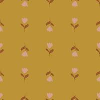 Pale tones seamless nature pattern with pink colored tulip flower print. Mustard ocher background. vector