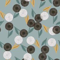 Black and white random doodle flowers seamless pattern. Blue background. Botanic decorative nature print. vector