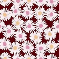 Seamless random pattern with white vintage daisy flowers ornament. Maroon background. Botanic field print. vector