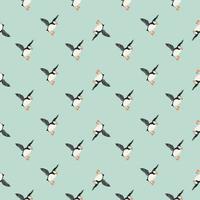 Abstract zoo wild seamless arctic pattern with puffin bird print. Blue pastel background. Creative design. vector