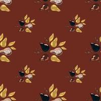 Autumn tones seamless pattern with hand drawn pears and leaf silhouettes. Brown background. Fall harvest print. vector