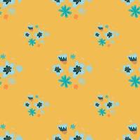 Summer botanic seamless pattern with doodle blue flowers ornament. Yellow background. vector