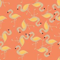 Random pastel tones seamless zoo pattern with grey and yellow colored flamingo print. Coral background. vector