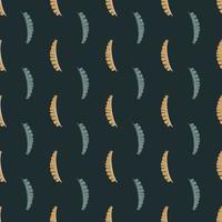 Dark wild jungle seamless pattern with doodle beige and blue colored fern leaf print. Black background. vector