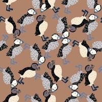 Seamless abstract zoo life pattern with simple puffin birds ornament. Beige background. Ornithology backdrop. vector