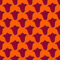 Abstract bright floral seamless pattern with red tulip buds shapes print. Orange background. Doodle artwork. vector