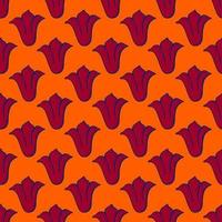 Abstract bright floral seamless pattern with red tulip buds shapes print. Orange background. Doodle artwork. vector