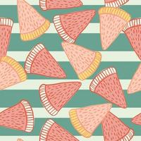 Random seamless pattern with doodle watermelon slice elements. Blue striped background. Berry print. vector