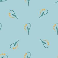 Seasonal seamless pattern with minimalistic yellow lily of the valley ornament. Pastel blue background. vector