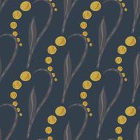 Abstract yellow lily of the valley silhouettes seamless pattern. Navy blue background. Simple style. vector