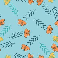 Summer seamless doodle pattern with bright orange and yellow random ornament. Blue background. vector