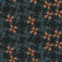 Abstract dark nature seamless pattern with outline blue and orange clover leaves print. Black background. vector