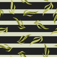 Seamless pattern seaweed on black green striped background. Marine flora templates for fabric. vector