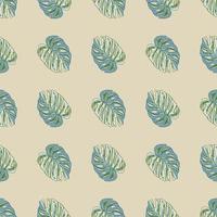 Decorative blue tropical monstera leaves seamless pattern in doodle style. Pastel light pink background. vector