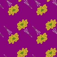 Seamless pattern with hand drawing wild flowers on violet background. Vector floral template in doodle style. Gentle summer botanical texture.