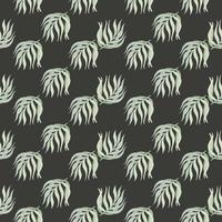 Little pale blue palm leaves shapes seamless pattern in hand drawn style. Dark background. Contrast print. vector