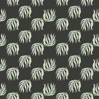 Little pale blue palm leaves shapes seamless pattern in hand drawn style. Dark background. Contrast print. vector