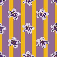 Summer bright seamless pattern with doodle simple flower buds silhouettes. Purple and orange striped background. vector