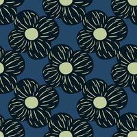 Black colored abstract simple flower shapes seamless pattern. Navy blue background. Botanic backdrop. vector