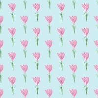 Pink outline crocus flower silhouettes seamless botanic nature pattern. Light background. Summer print. vector